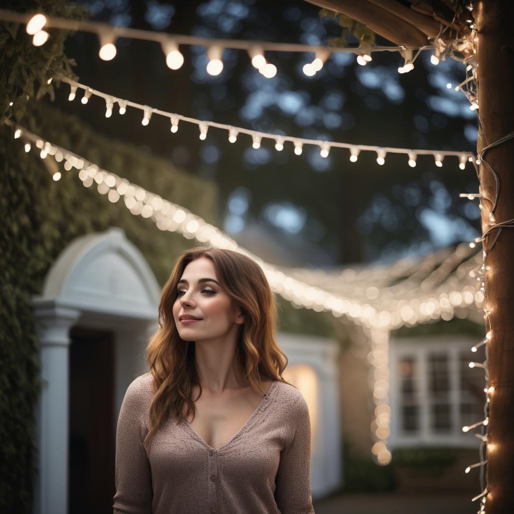 A stunning image of romantic woman standing under a canopy of fairy lights.