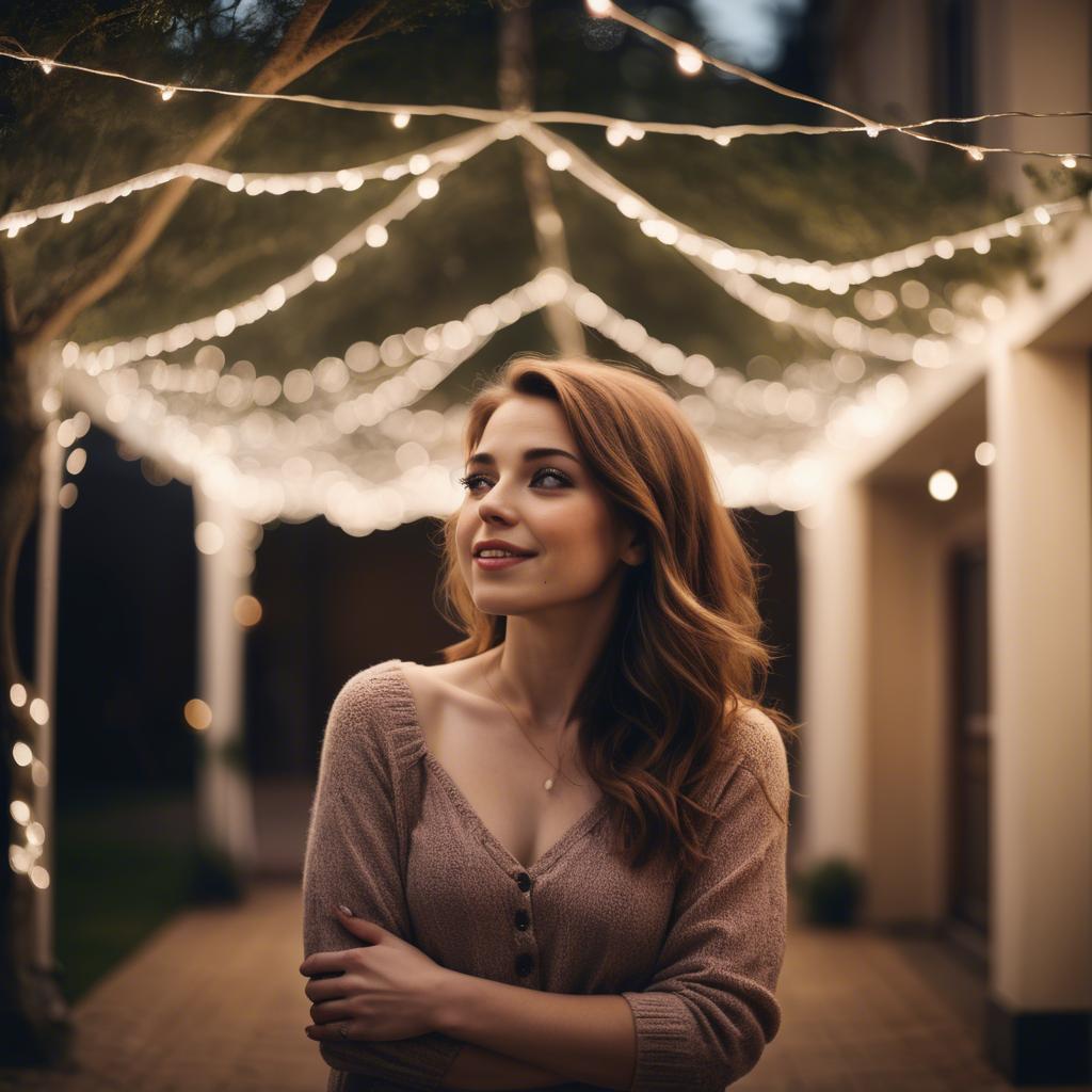 A stunning image of romantic woman standing under a canopy of fairy lights.