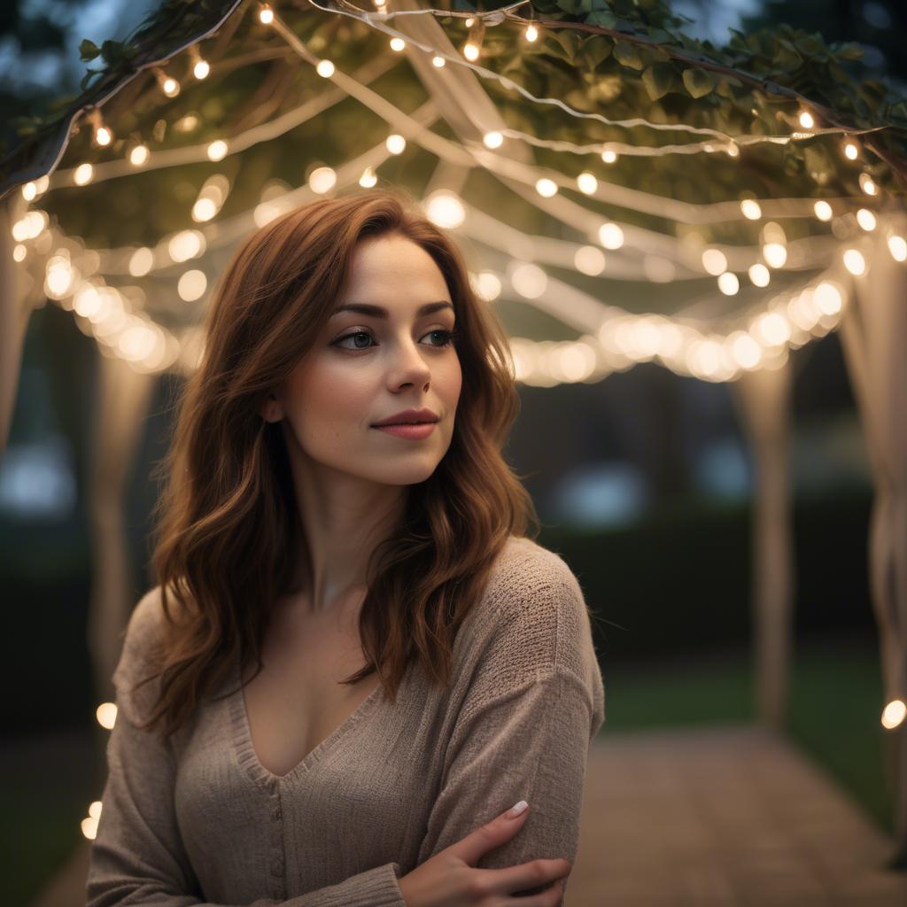 A stunning image of romantic woman standing under a canopy of fairy lights.