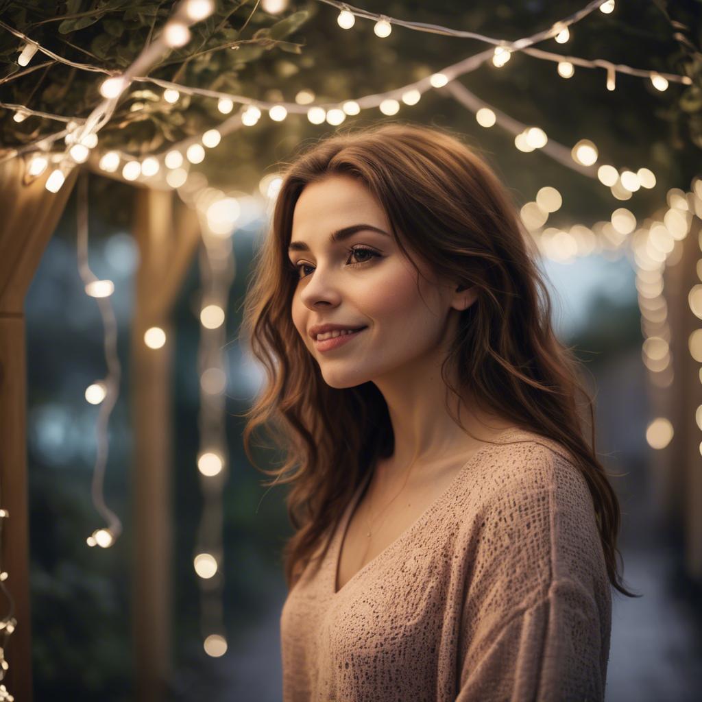 A stunning image of romantic woman standing under a canopy of fairy lights.