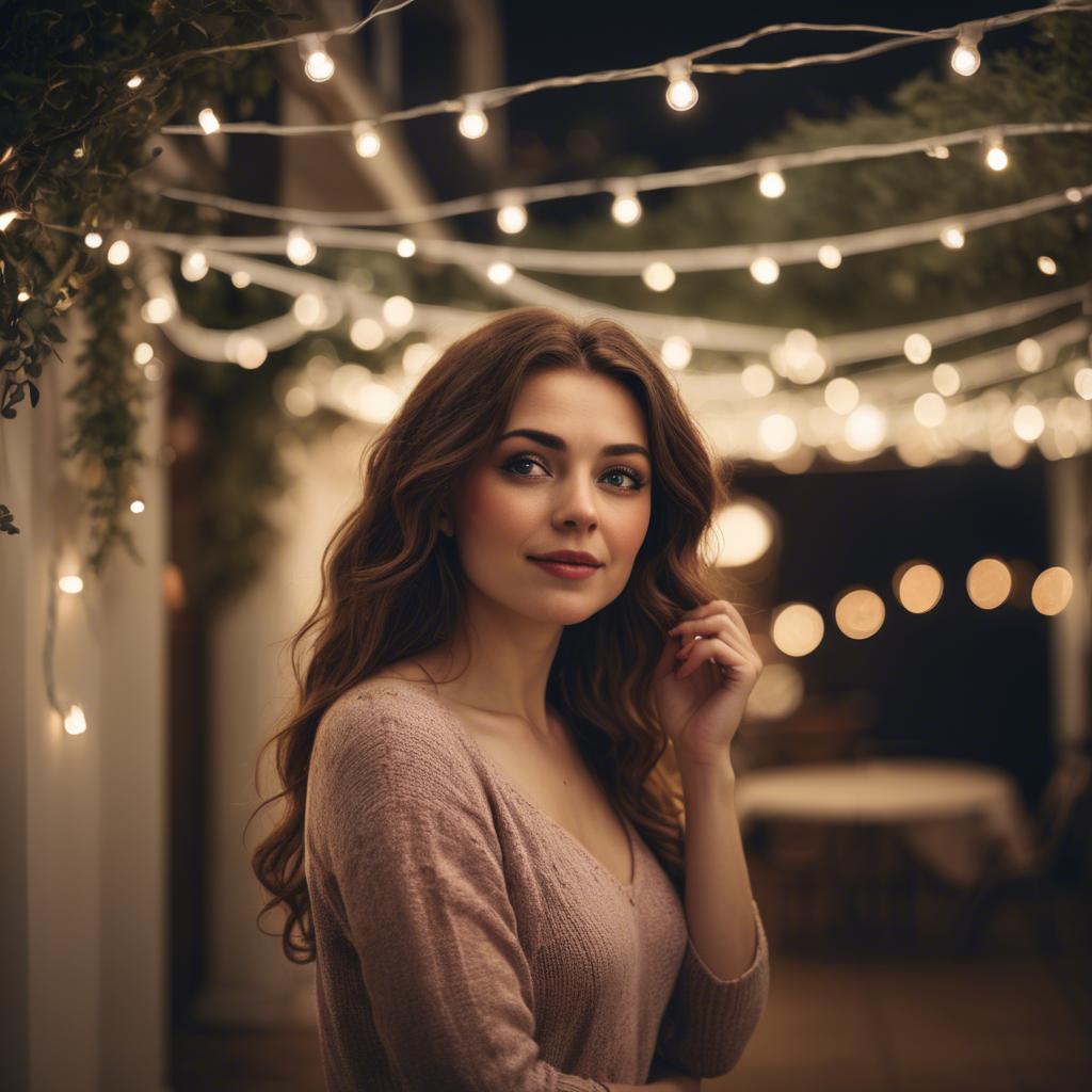 A stunning image of romantic woman standing under a canopy of fairy lights.