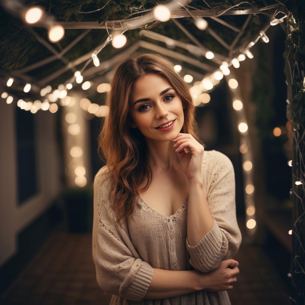 A stunning image of romantic woman standing under a canopy of fairy lights.