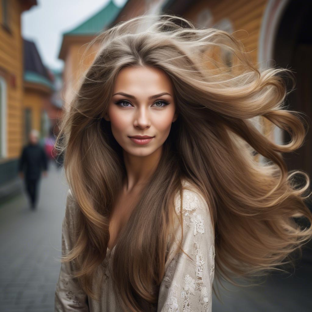 A stunning image of russian woman with flowing hair.
