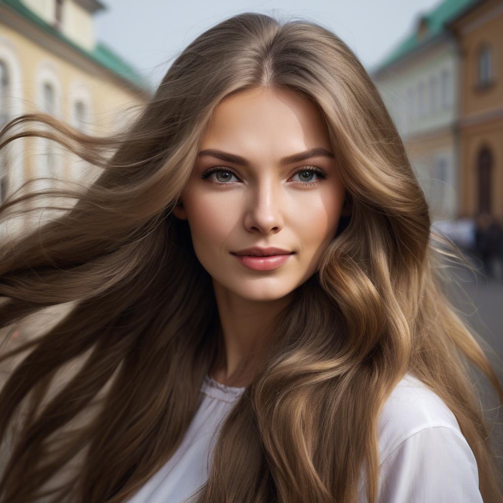 A stunning image of russian woman with flowing hair.