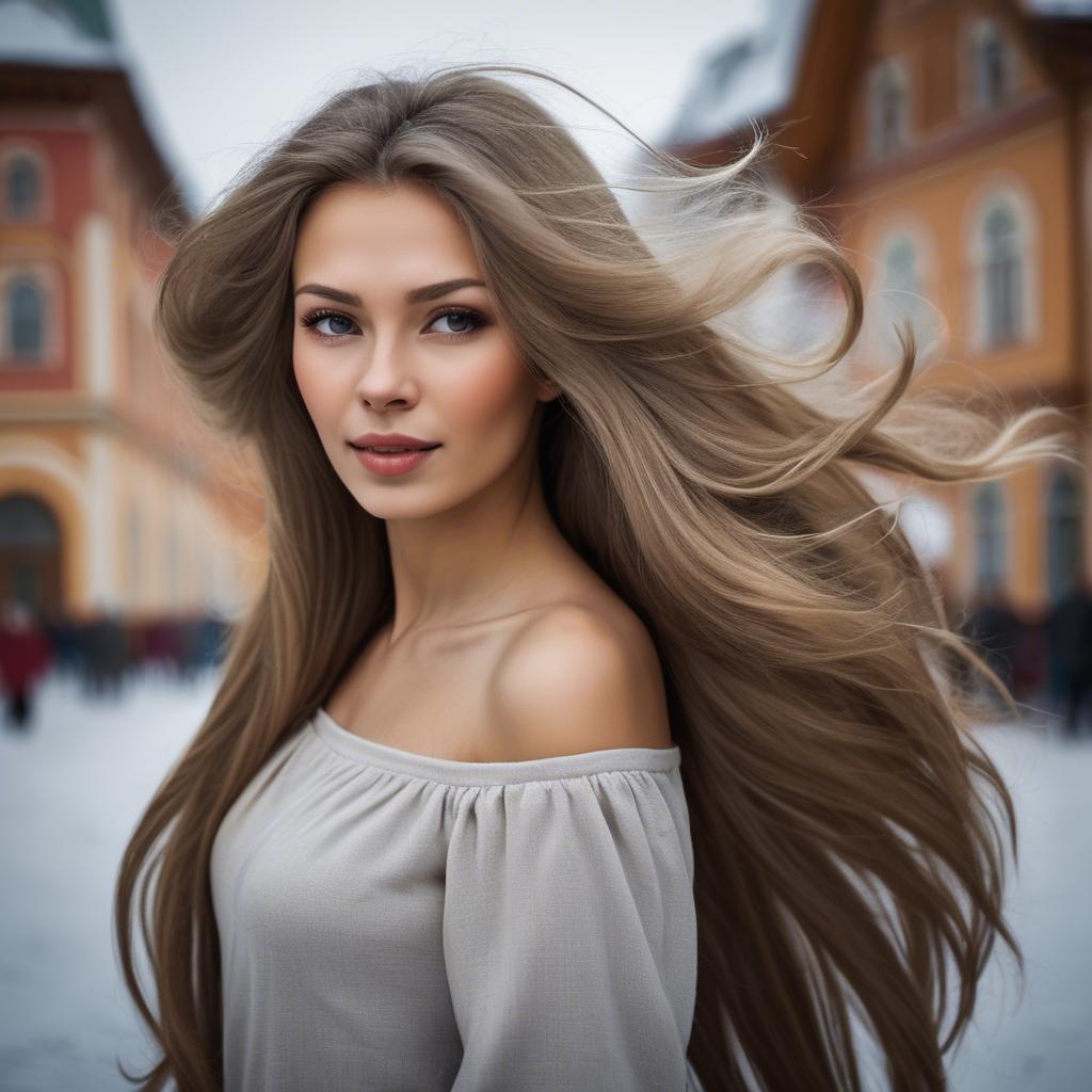 A stunning image of russian woman with flowing hair.