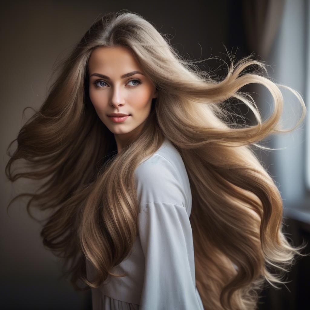 A stunning image of russian woman with flowing hair.