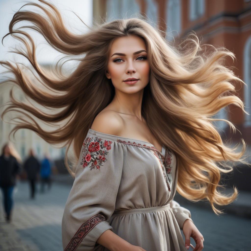 A stunning image of russian woman with flowing hair.