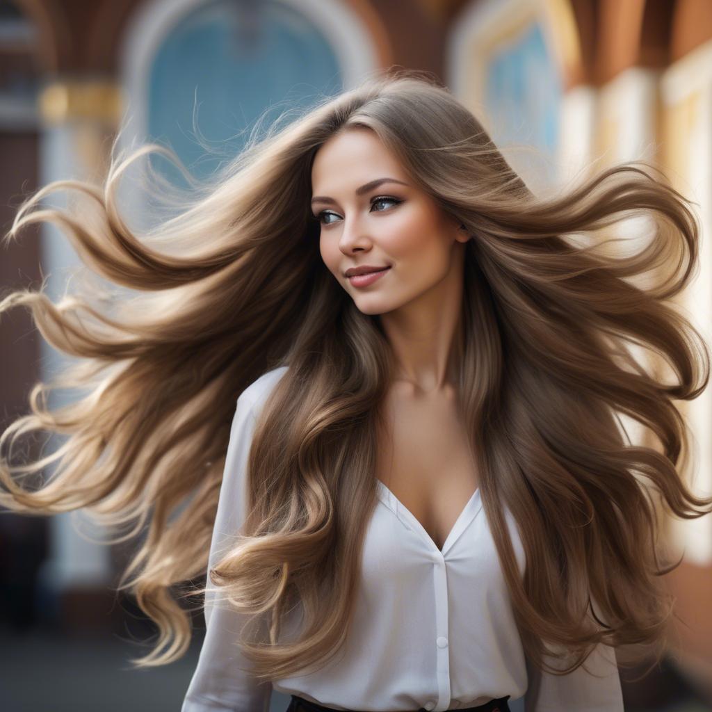 A stunning image of russian woman with flowing hair.