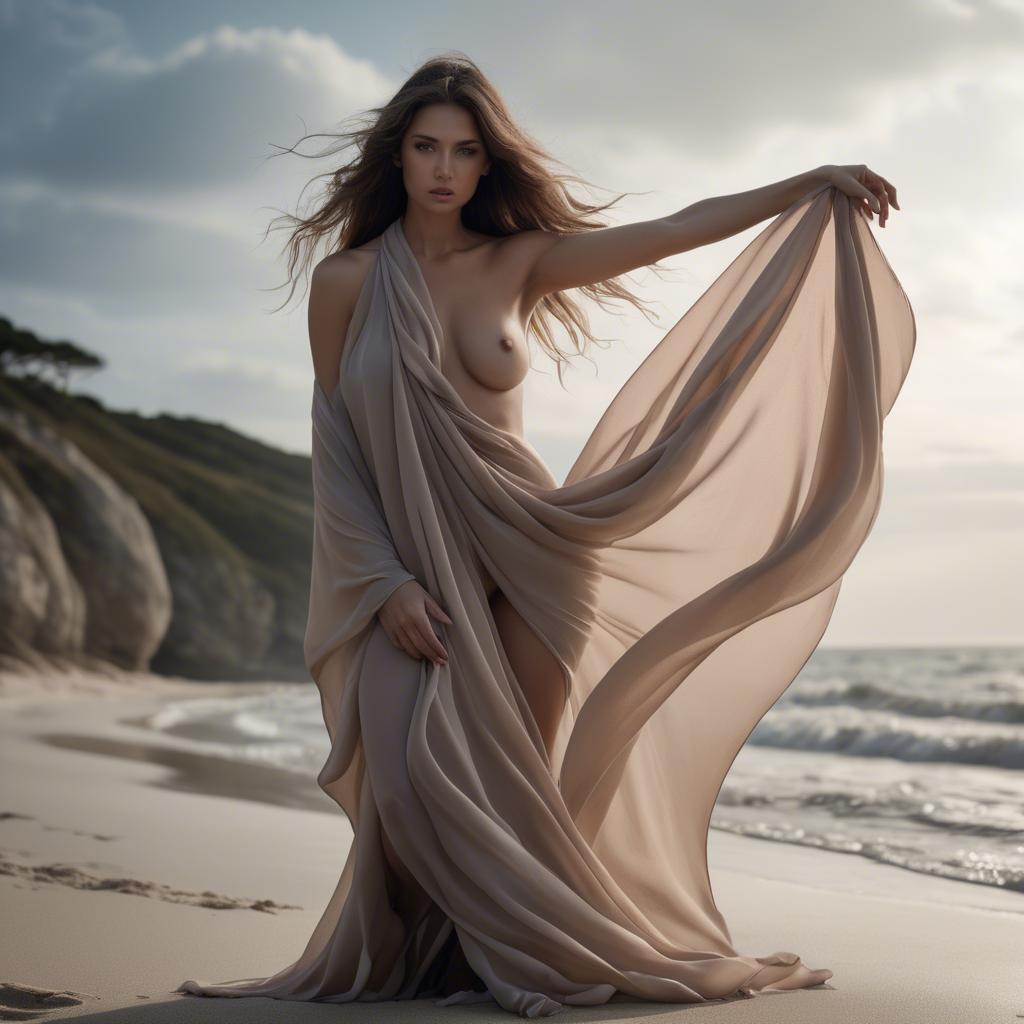 A stunning image of seductive beach photoshoot, woman draped in flowing fabric.