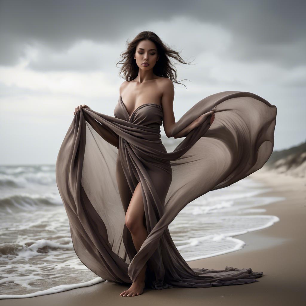 A stunning image of seductive beach photoshoot, woman draped in flowing fabric.