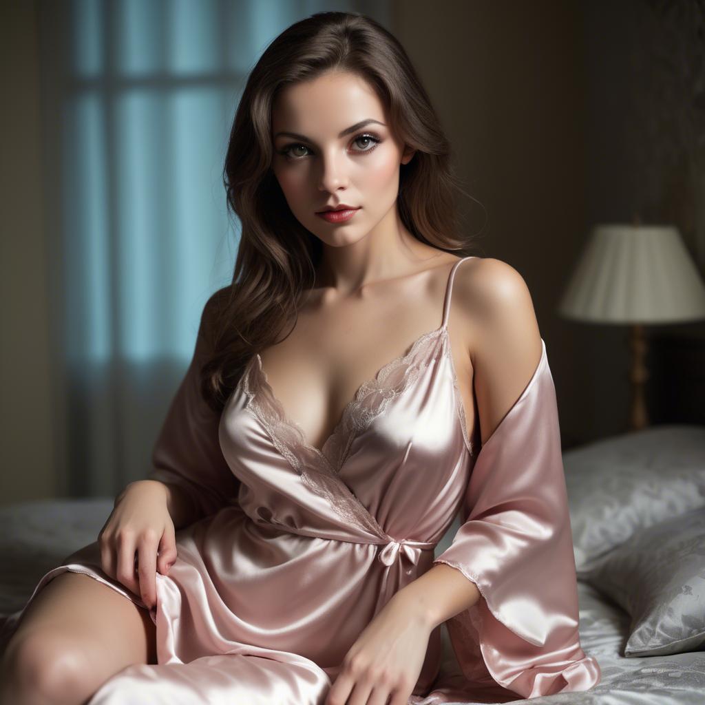 A stunning image of seductive gaze, woman in satin nightgown.