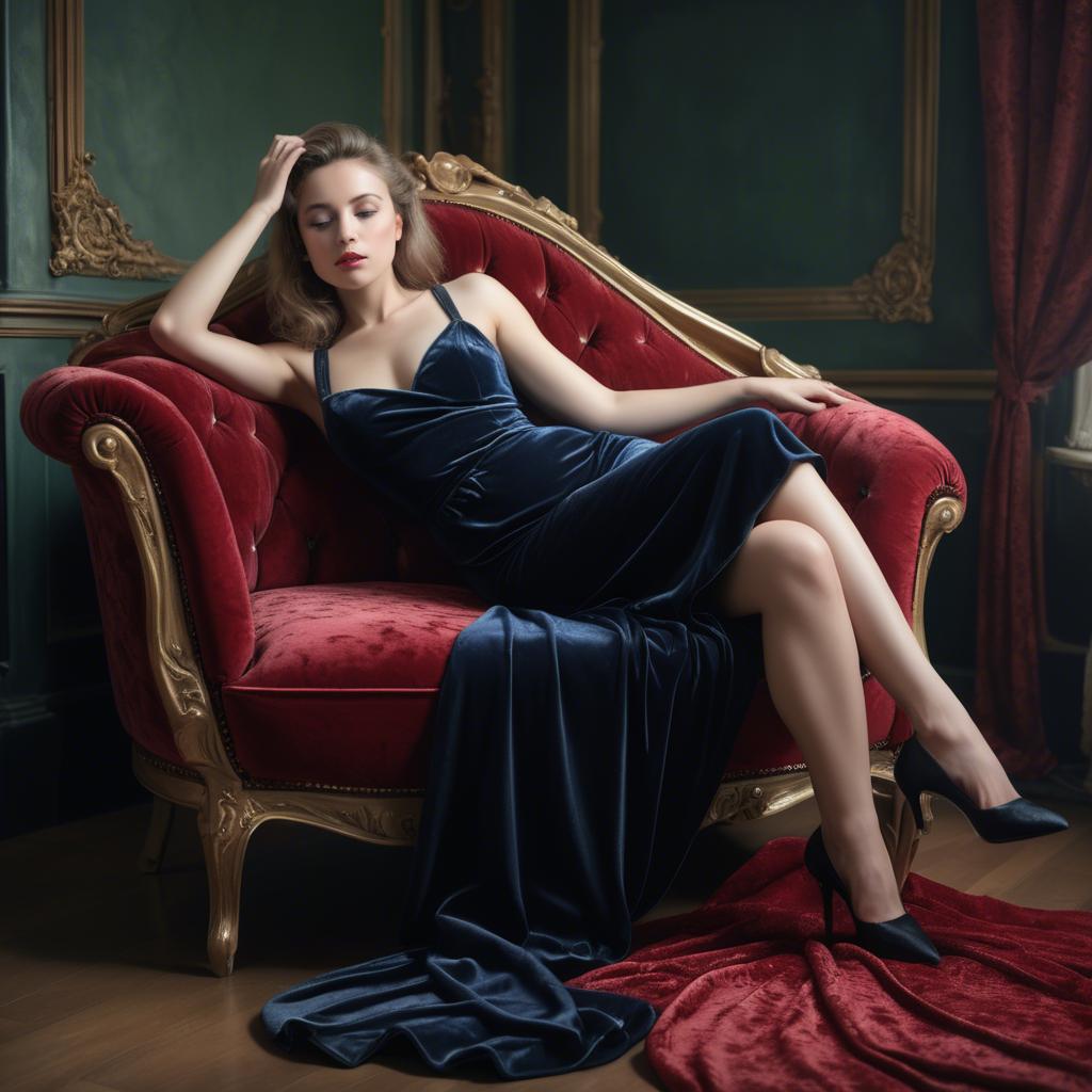 A stunning image of seductive lady reclining on a velvet chaise longue.