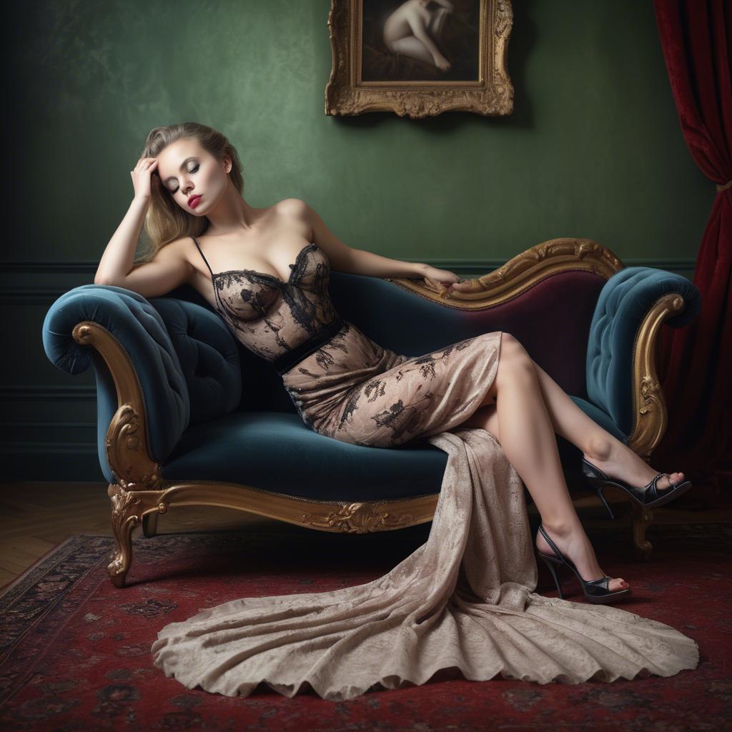 A stunning image of seductive lady reclining on a velvet chaise longue.
