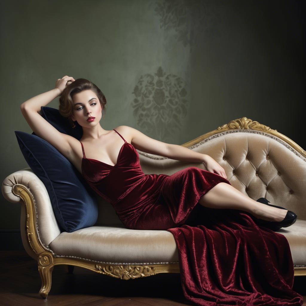 A stunning image of seductive lady reclining on a velvet chaise longue.