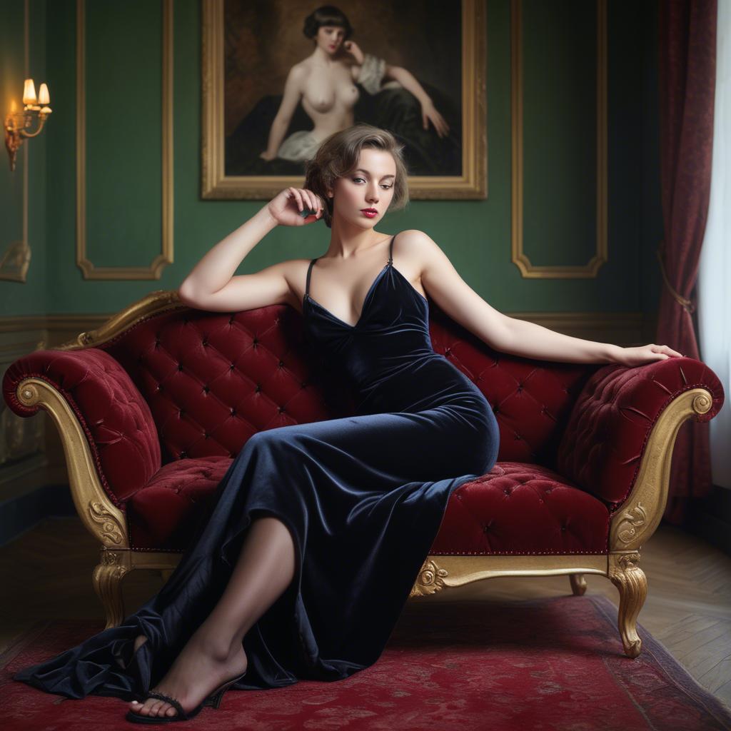A stunning image of seductive lady reclining on a velvet chaise longue.