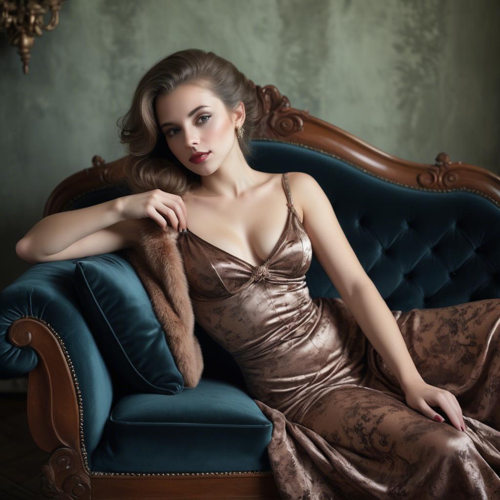 A stunning image of seductive lady reclining on a velvet chaise longue.