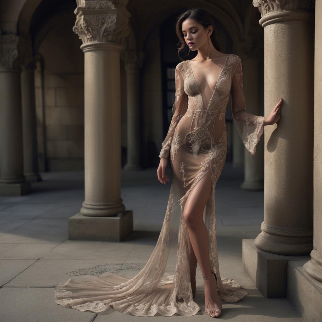 A stunning image of seductive model in a sheer gown with intricate details.