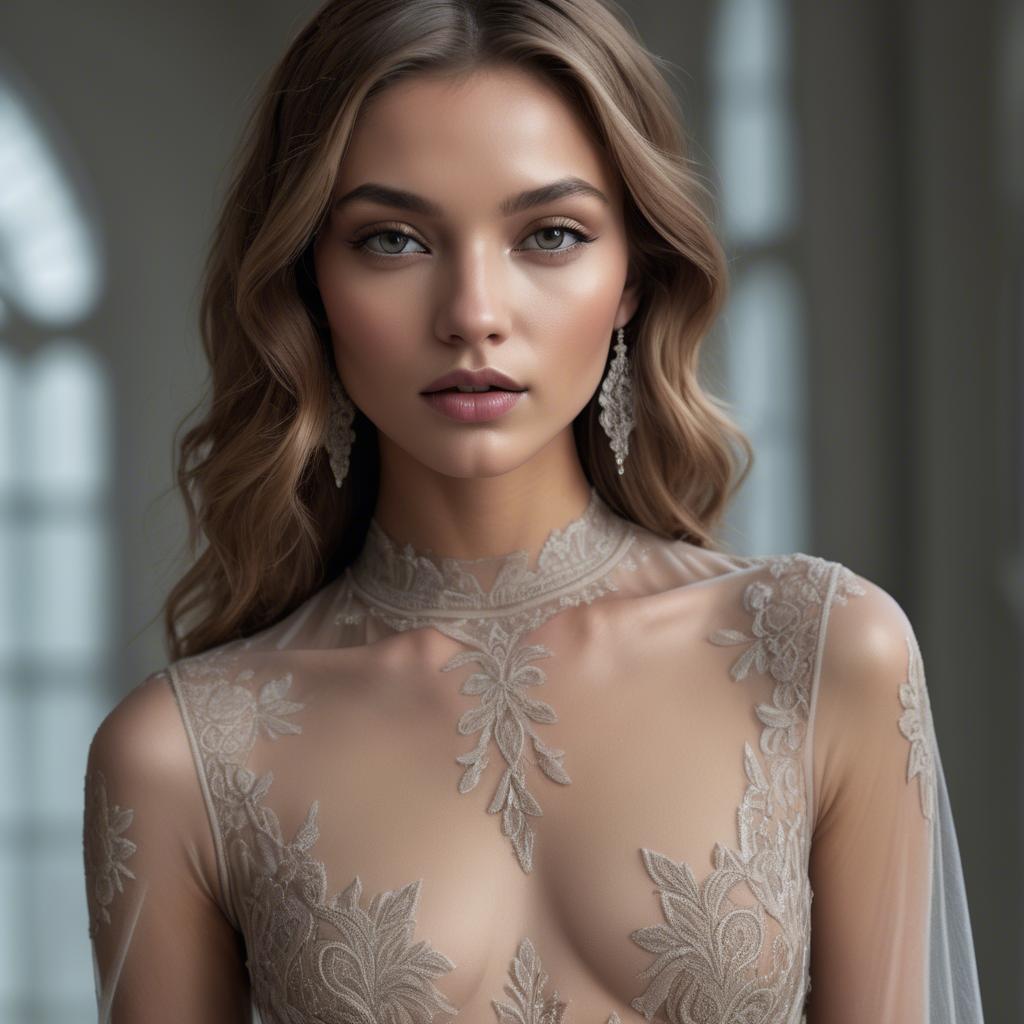 A stunning image of seductive model in a sheer gown with intricate details.