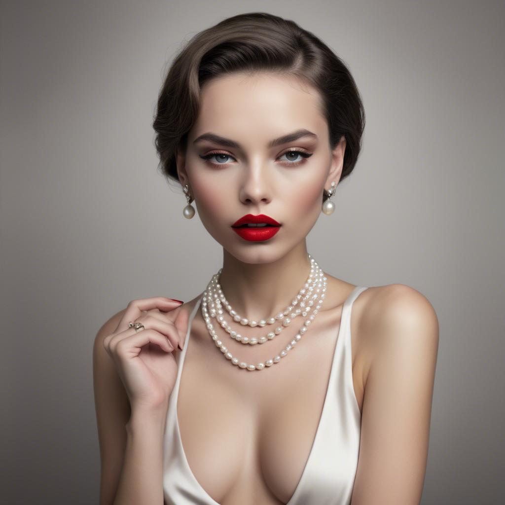 A stunning image of seductive model with pearl necklaces and bold red lips.