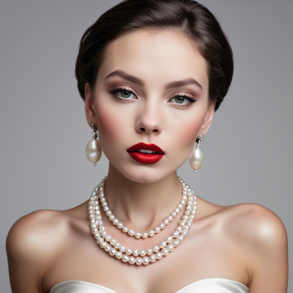 A stunning image of seductive model with pearl necklaces and bold red lips.