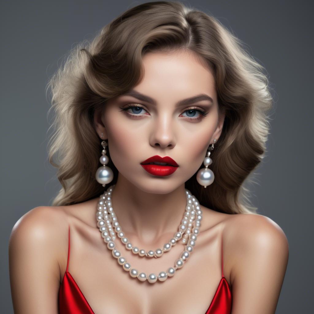 A stunning image of seductive model with pearl necklaces and bold red lips.