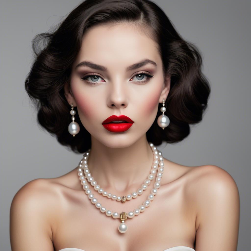 A stunning image of seductive model with pearl necklaces and bold red lips.