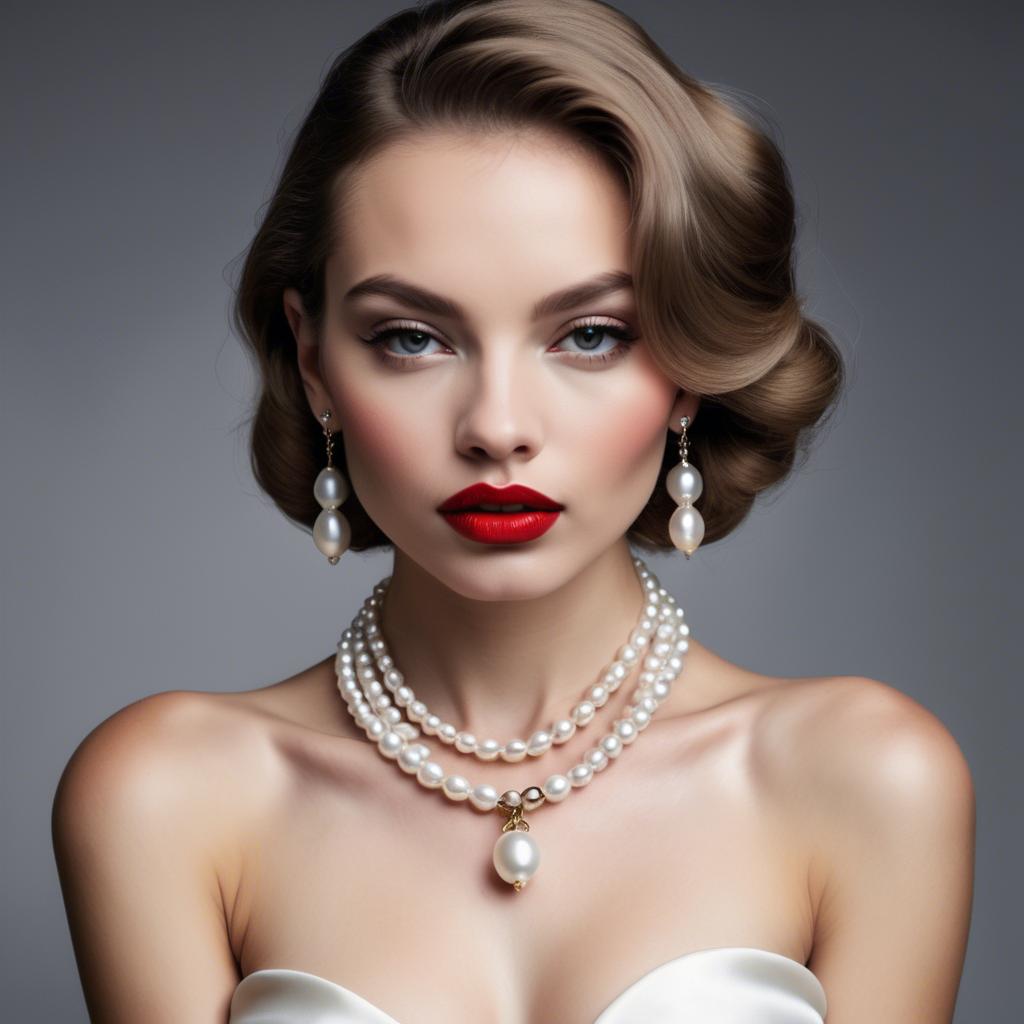 A stunning image of seductive model with pearl necklaces and bold red lips.