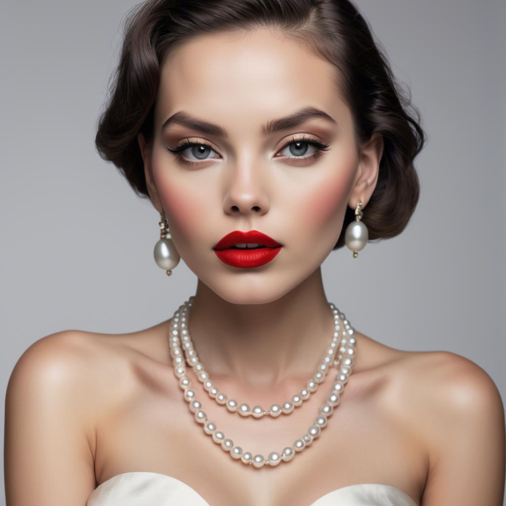 A stunning image of seductive model with pearl necklaces and bold red lips.