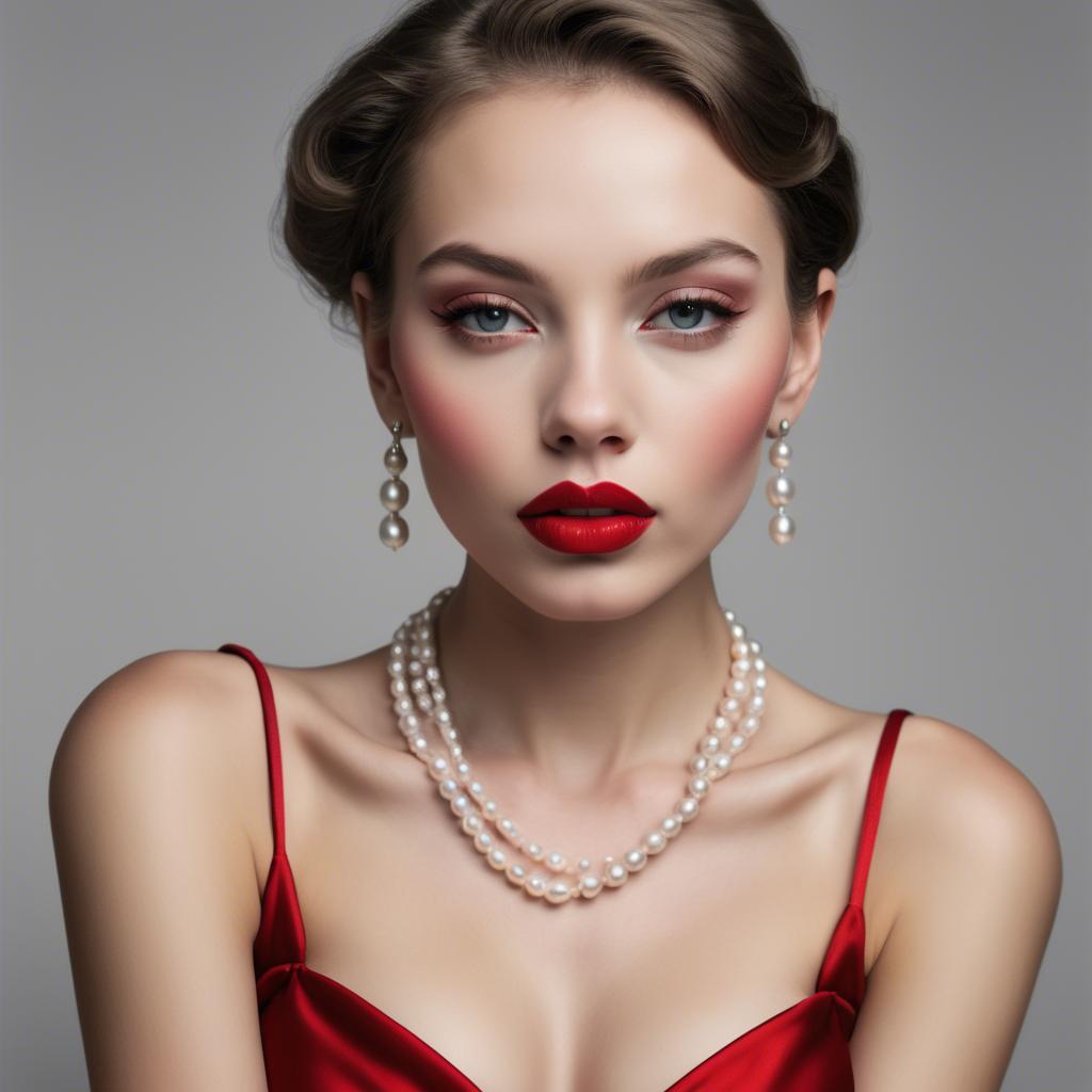 A stunning image of seductive model with pearl necklaces and bold red lips.