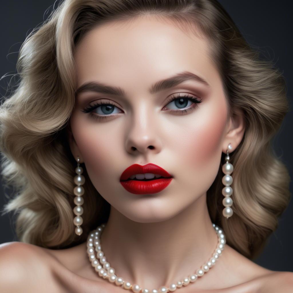 A stunning image of seductive model with pearl necklaces and bold red lips.