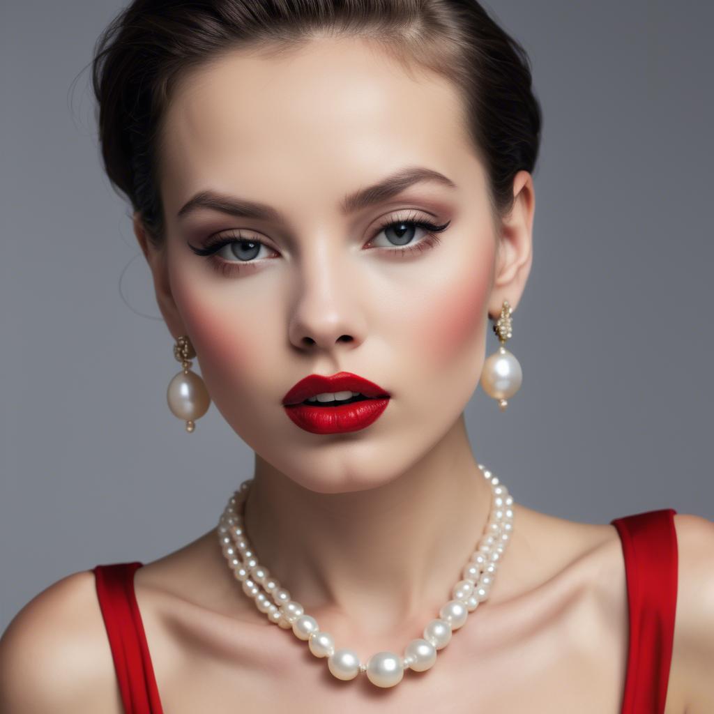 A stunning image of seductive model with pearl necklaces and bold red lips.