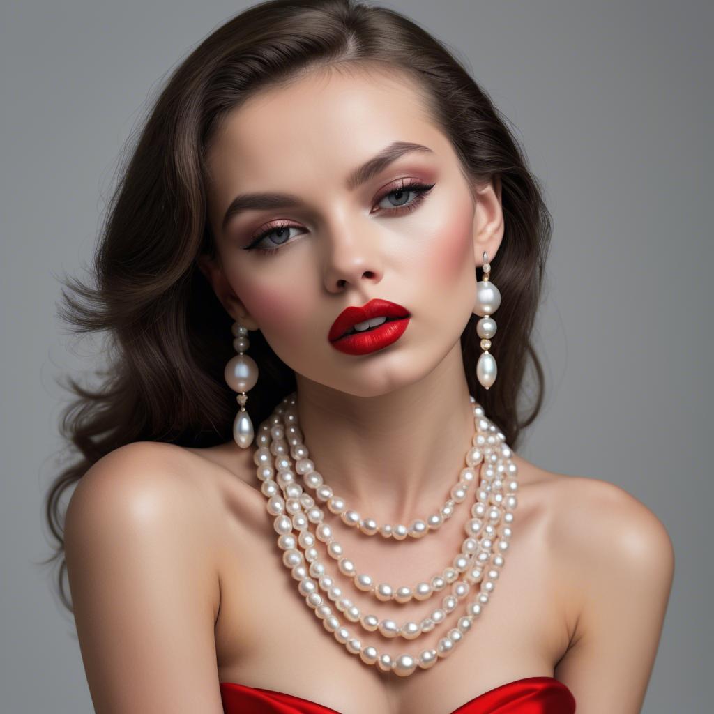 A stunning image of seductive model with pearl necklaces and bold red lips.