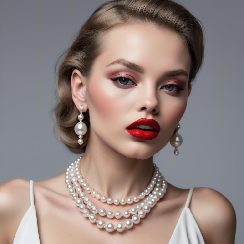 A stunning image of seductive model with pearl necklaces and bold red lips.