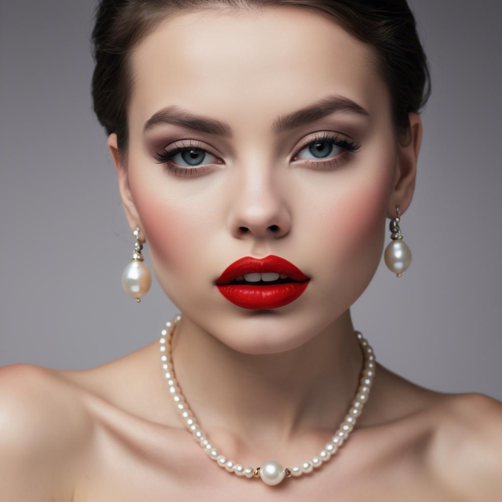 A stunning image of seductive model with pearl necklaces and bold red lips.