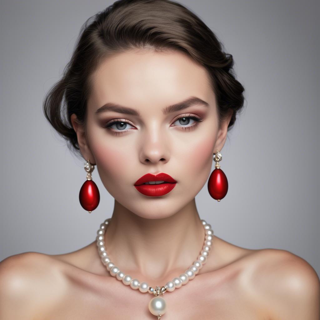A stunning image of seductive model with pearl necklaces and bold red lips.