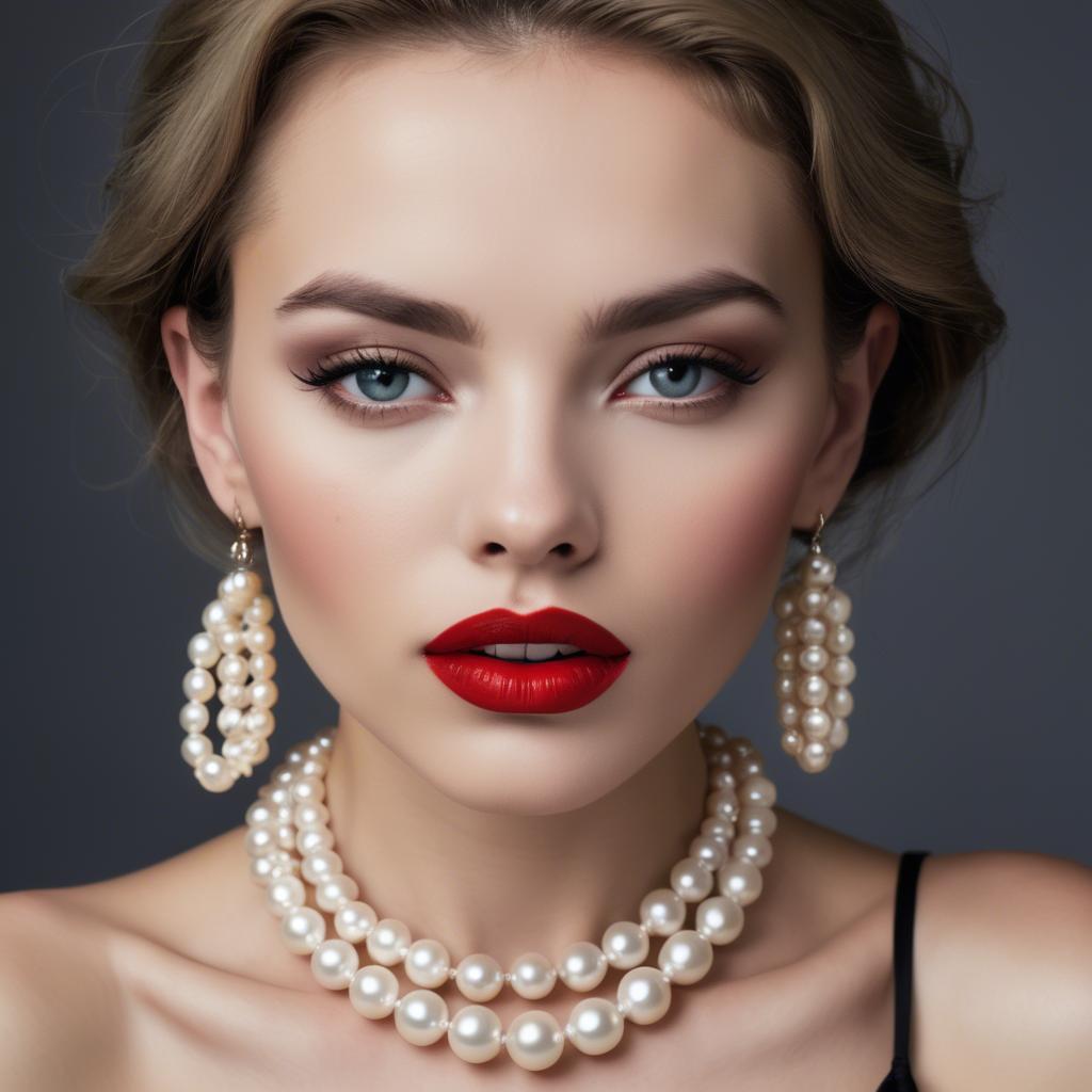 A stunning image of seductive model with pearl necklaces and bold red lips.