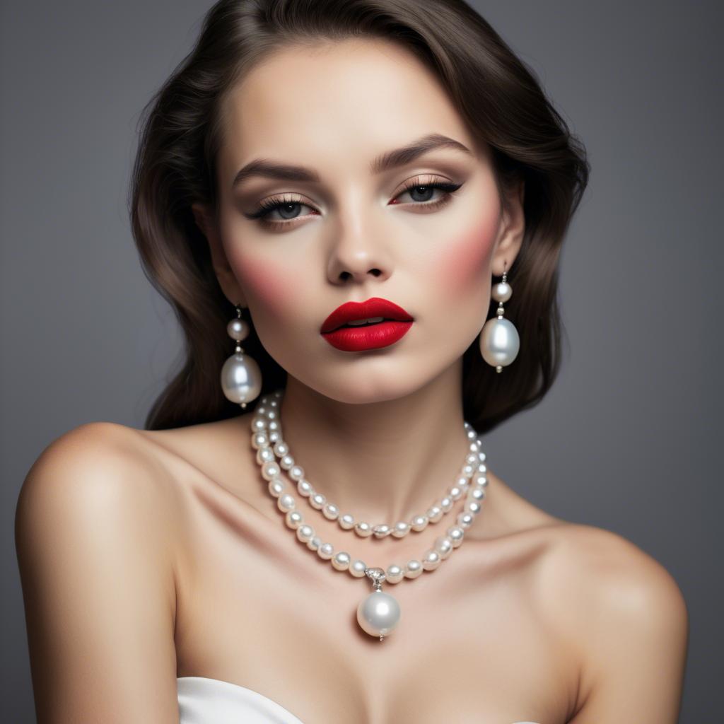 A stunning image of seductive model with pearl necklaces and bold red lips.