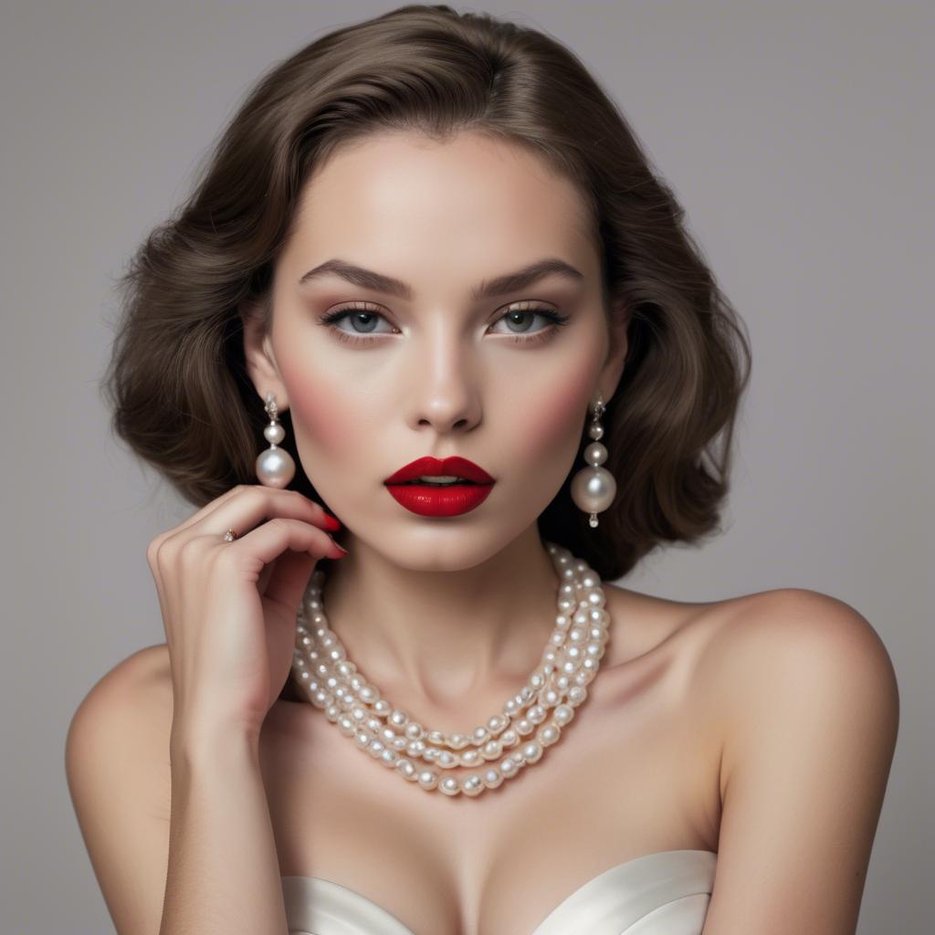 A stunning image of seductive model with pearl necklaces and bold red lips.