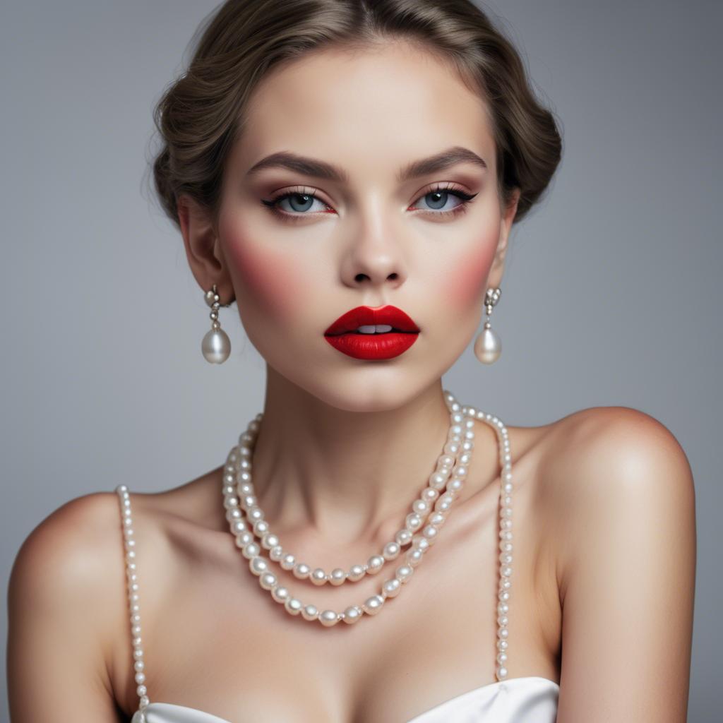 A stunning image of seductive model with pearl necklaces and bold red lips.