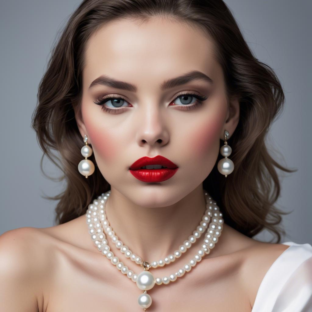 A stunning image of seductive model with pearl necklaces and bold red lips.