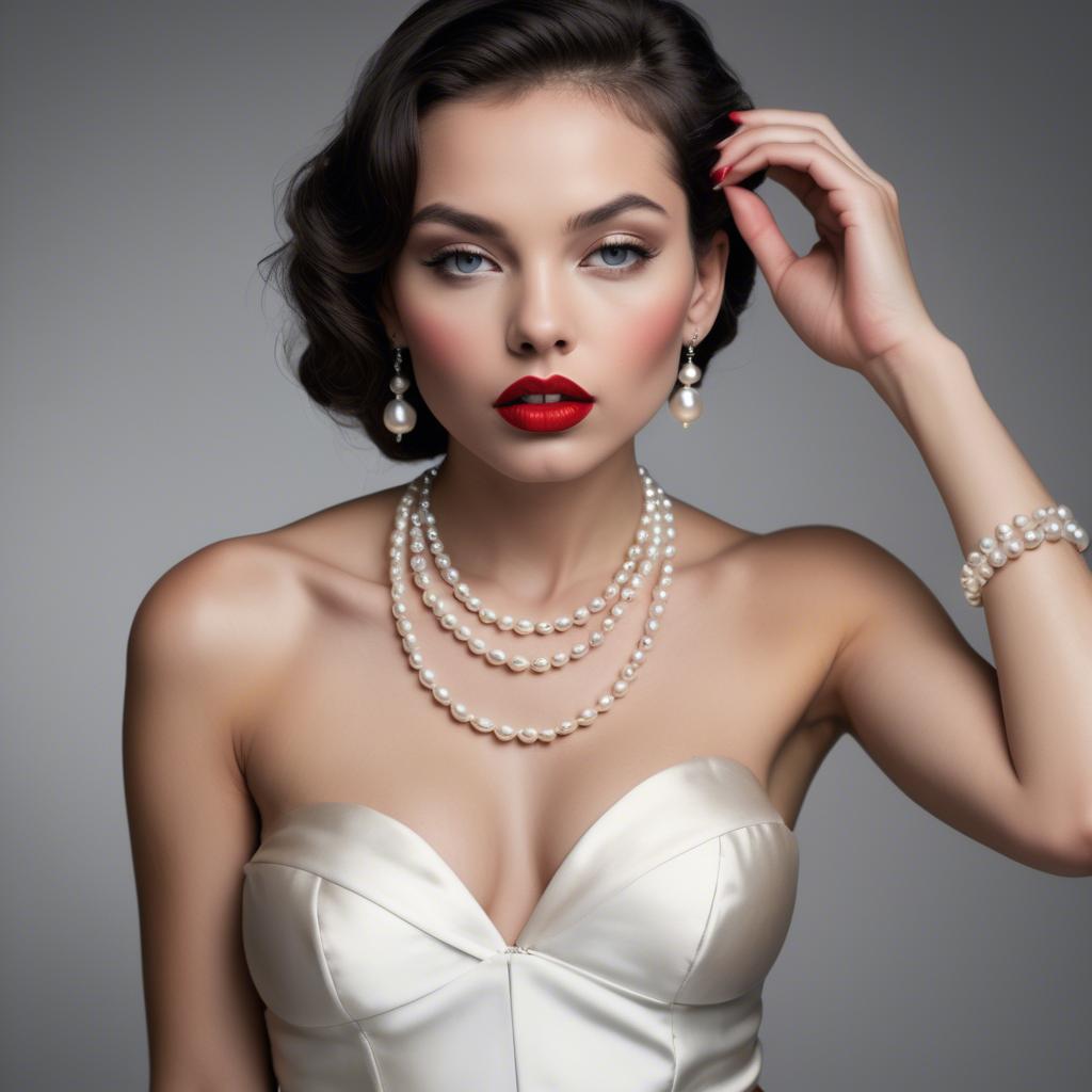 A stunning image of seductive model with pearl necklaces and bold red lips.