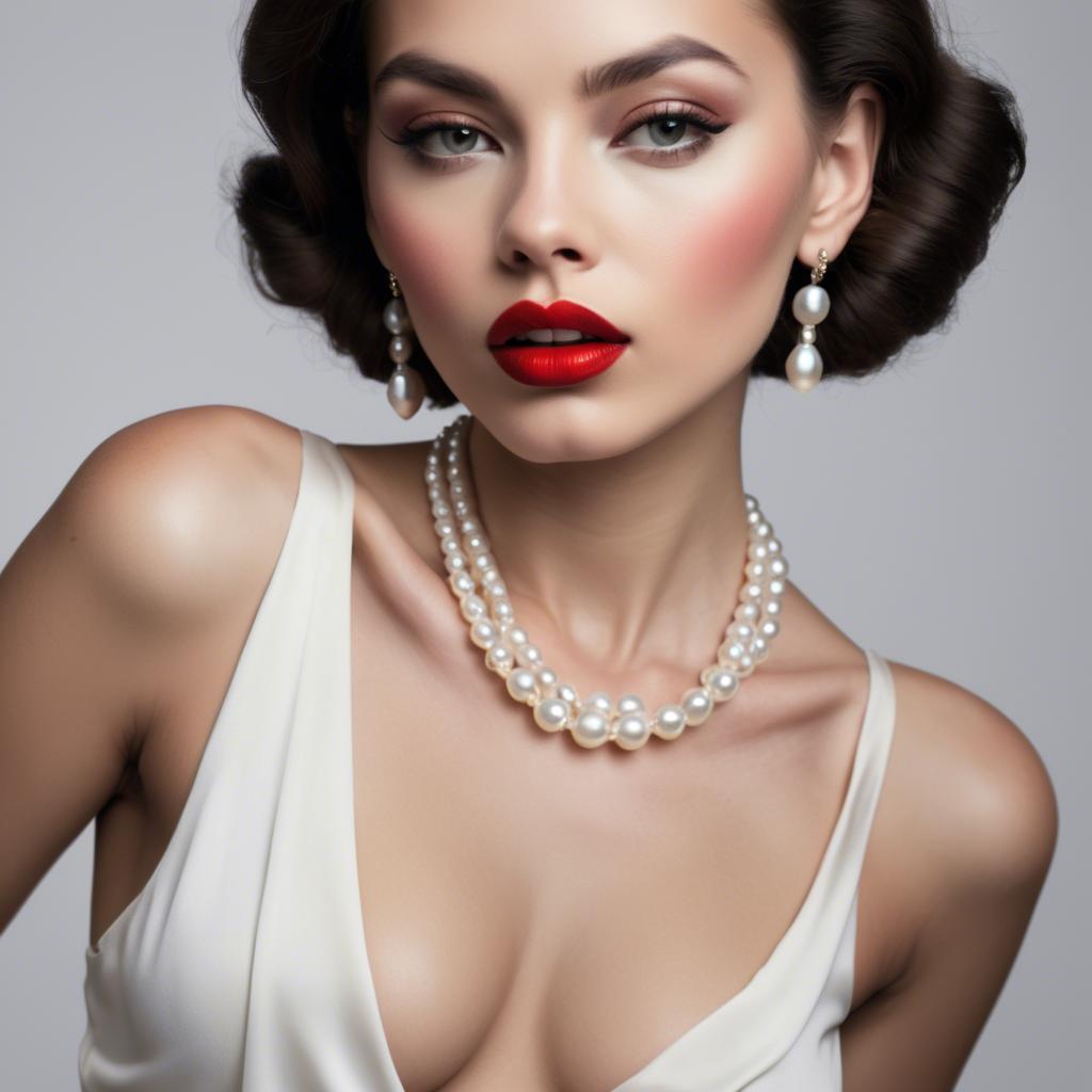 A stunning image of seductive model with pearl necklaces and bold red lips.