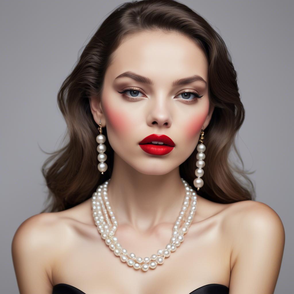 A stunning image of seductive model with pearl necklaces and bold red lips.