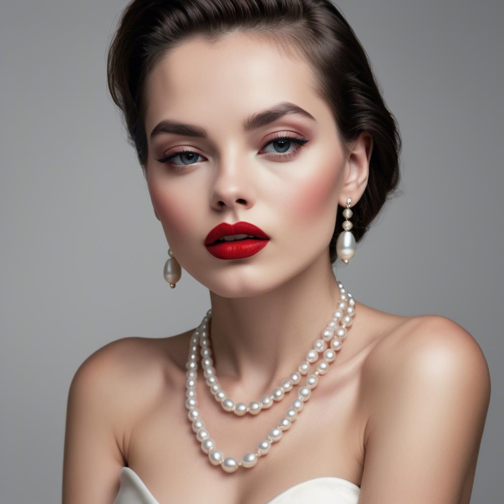 A stunning image of seductive model with pearl necklaces and bold red lips.