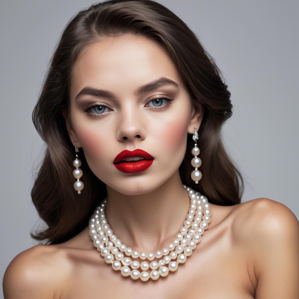 A stunning image of seductive model with pearl necklaces and bold red lips.