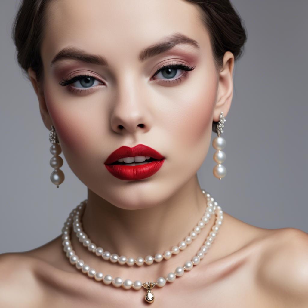 A stunning image of seductive model with pearl necklaces and bold red lips.