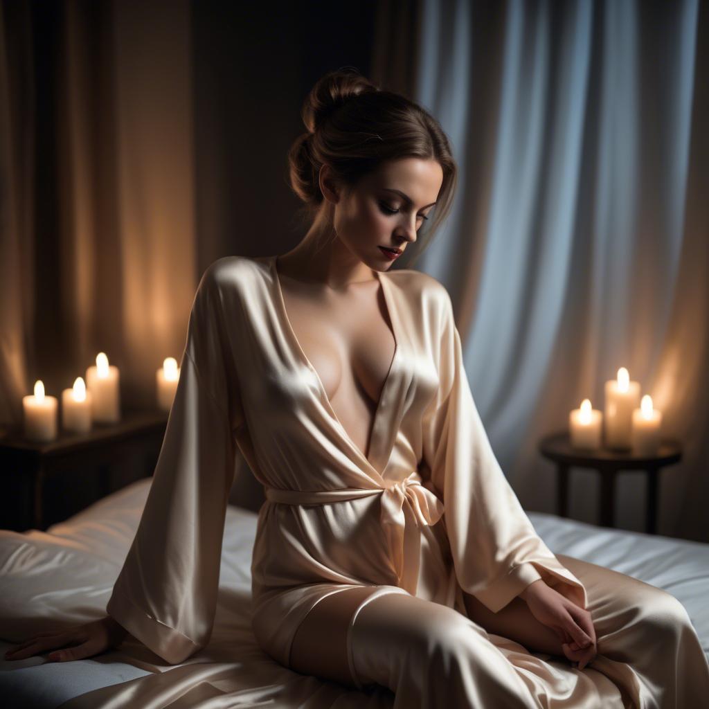 A stunning image of seductive woman in a silk robe by candlelight.