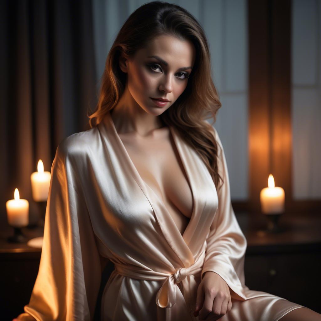 A stunning image of seductive woman in a silk robe by candlelight.