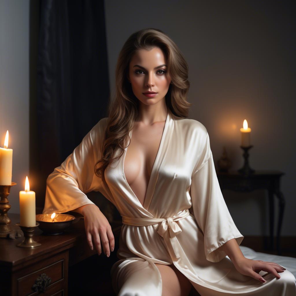 A stunning image of seductive woman in a silk robe by candlelight.
