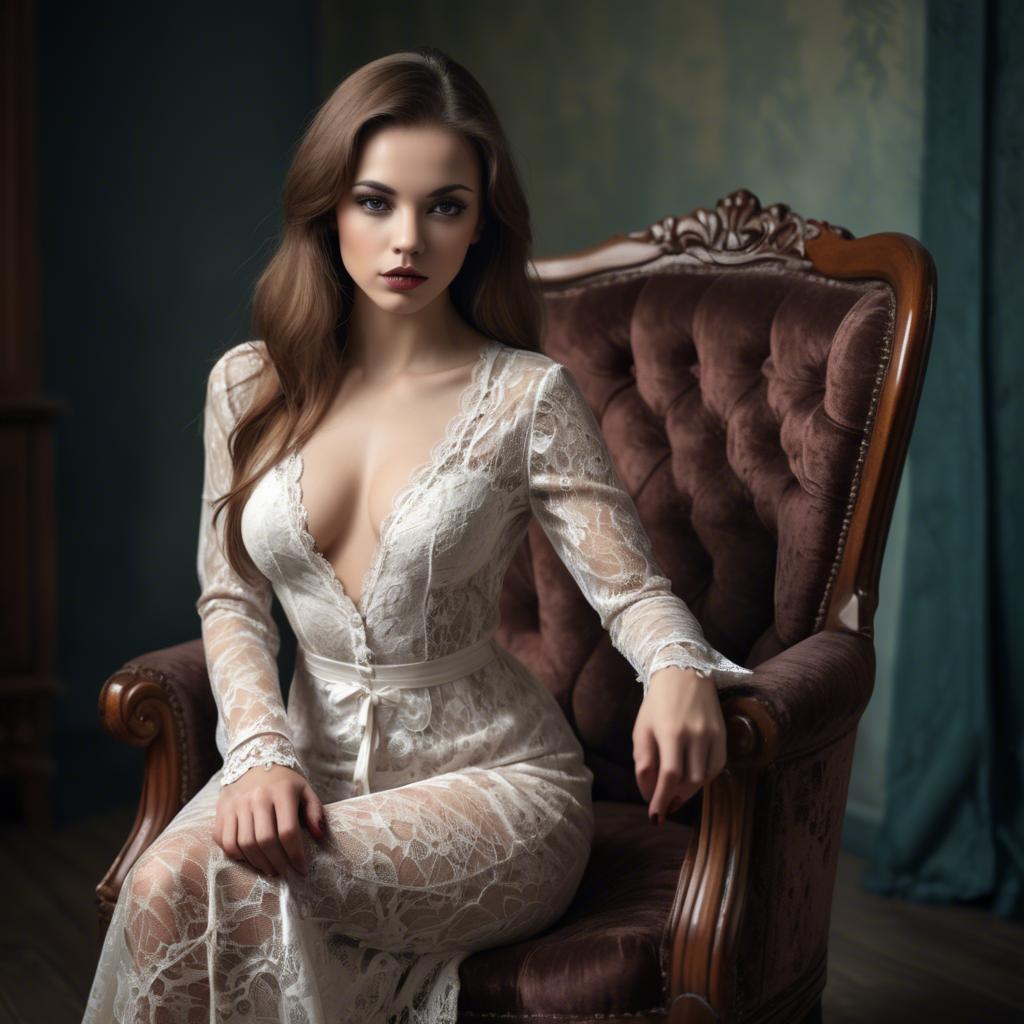 A stunning image of seductive woman in lace, sitting on a vintage armchair.